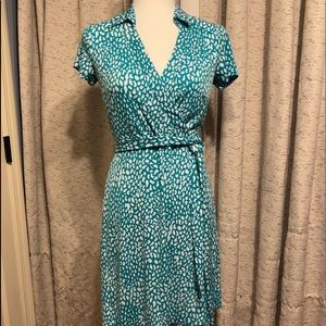 Aqua and white faux wrap dress
